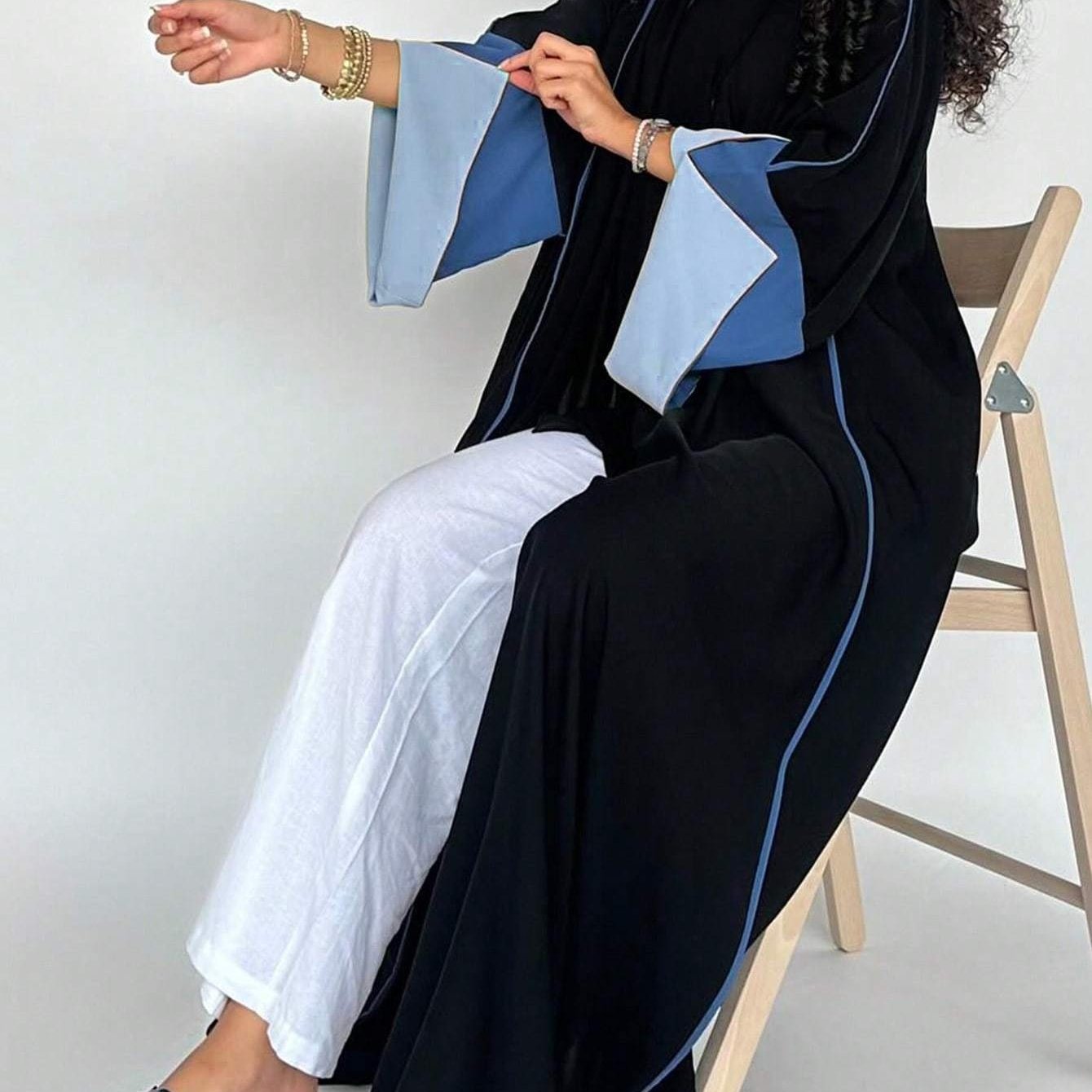 Plus Size - 1pc Plus Size Women's Abaya Burqa - Elegant Color Block Design, Loose Fit Long Sleeve with Open Front, Black & Blue Geometric Pattern, Perfect for Festive Occasions
