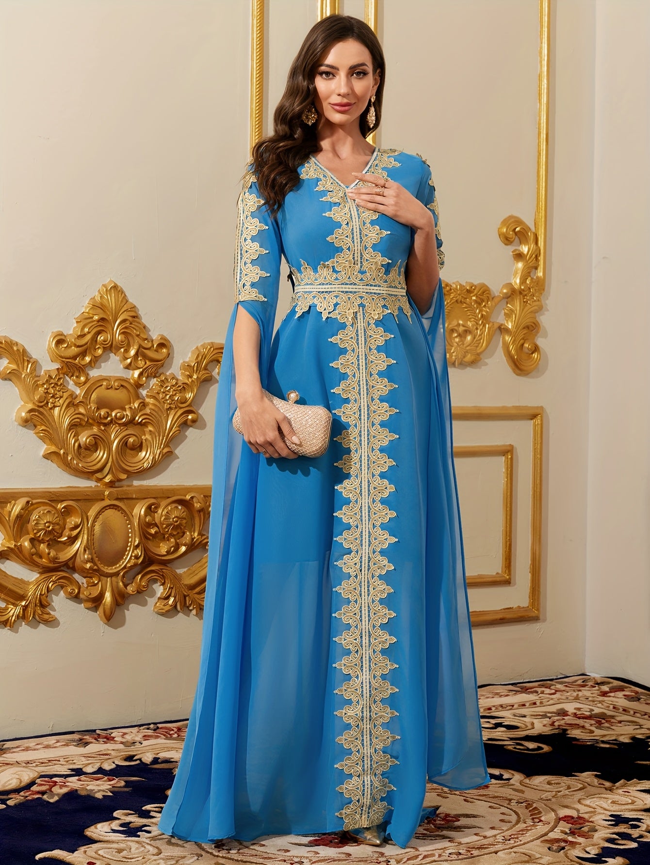 Long Sleeve Patchwork Arab National Costume Women's Evening Kaftan Abaya Dress from Middle East Dubai