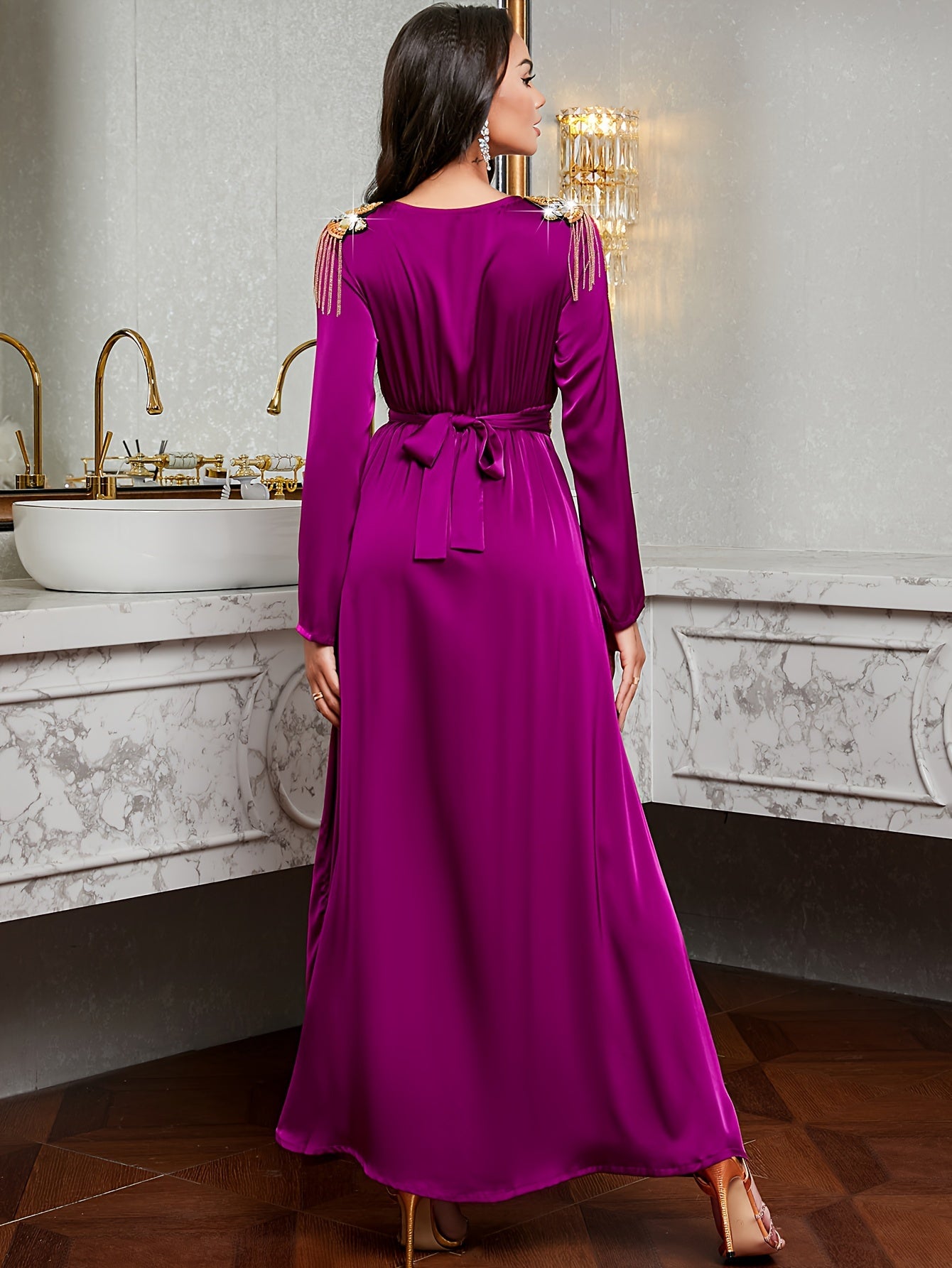 Elegant Purple Emirati Abaya Long Dress | Golden Embroidery, Tassel Detail, Belted, All-Season Wear, Formal Event Attire, Formal Attire, Embroidered Dress, Detailed Embroidery