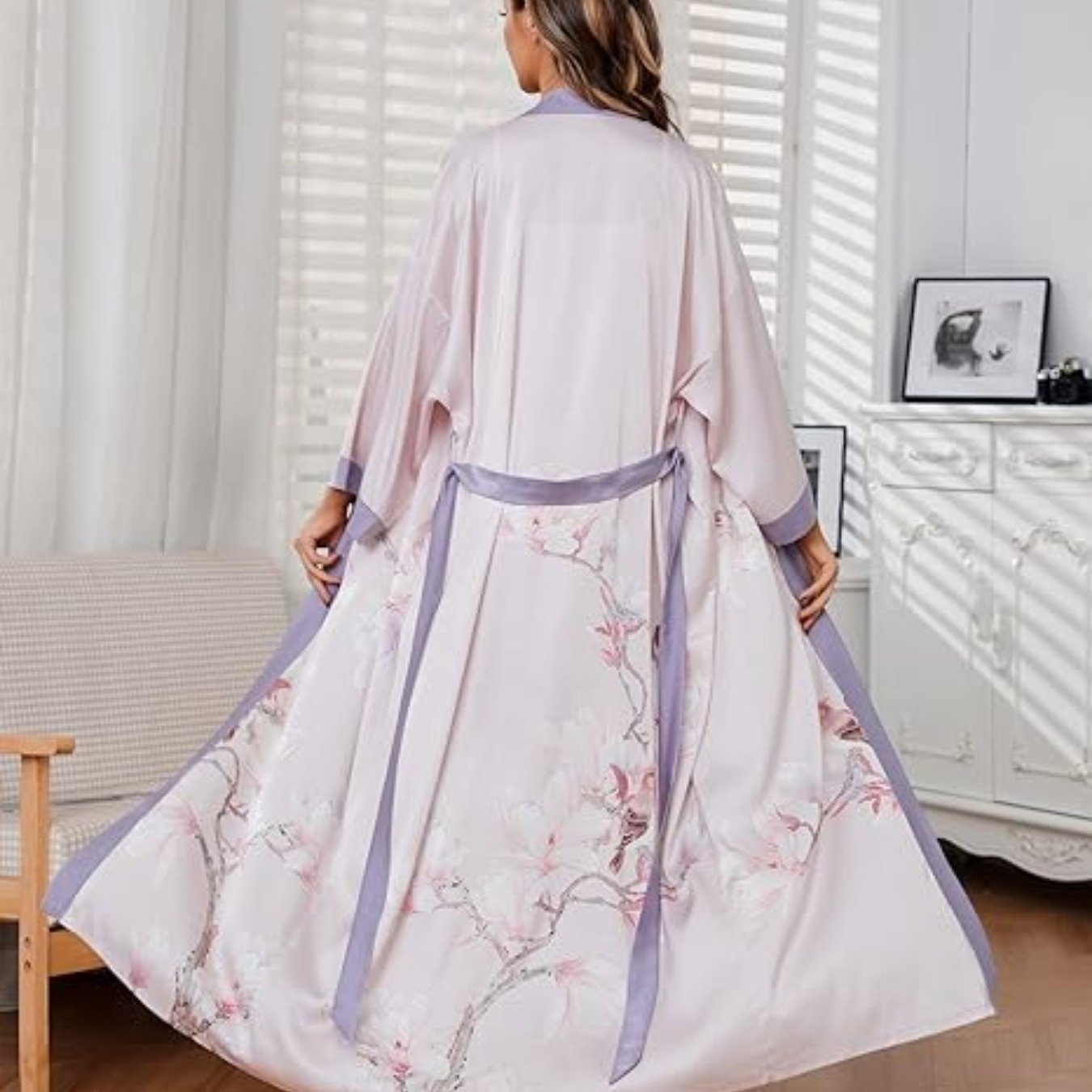 Women's Kimono Robe Long Bathrobe Women's Pajamas Floral Print Wedding Robe Nightgown Satin Bridesmaid Robe