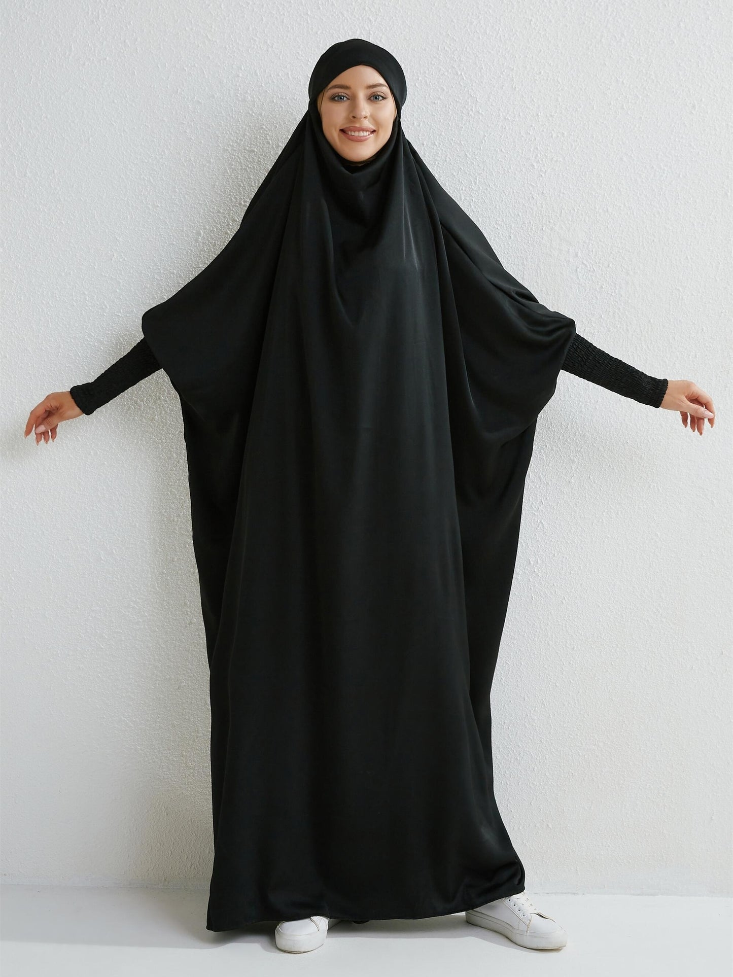 Women's Modest Jibab Abaya Dress with Hijab - Batwing Sleeves & Smocking Detail, Full-Length Prayer Robe, Islamic Clothing, Machine Washable Solid Color for Ramadan & Daily Wear, Allseason Robe, Hshaped Silhouette, Nontransparent F