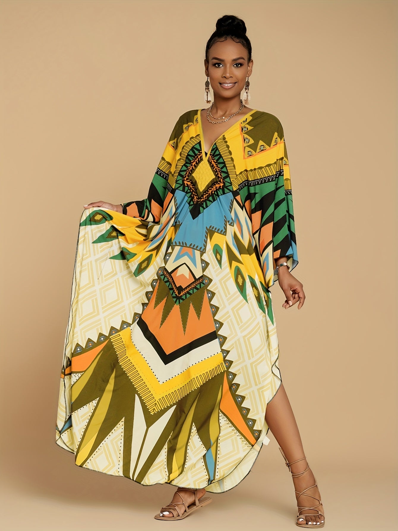 Women's Kaftan Dresses Geometric Patterns Floral Prints Beach Cover Up Chest Casual Home Vacation Ethnic Kaftan Robe Cover Up Batwing Sleeve Elegant Dress