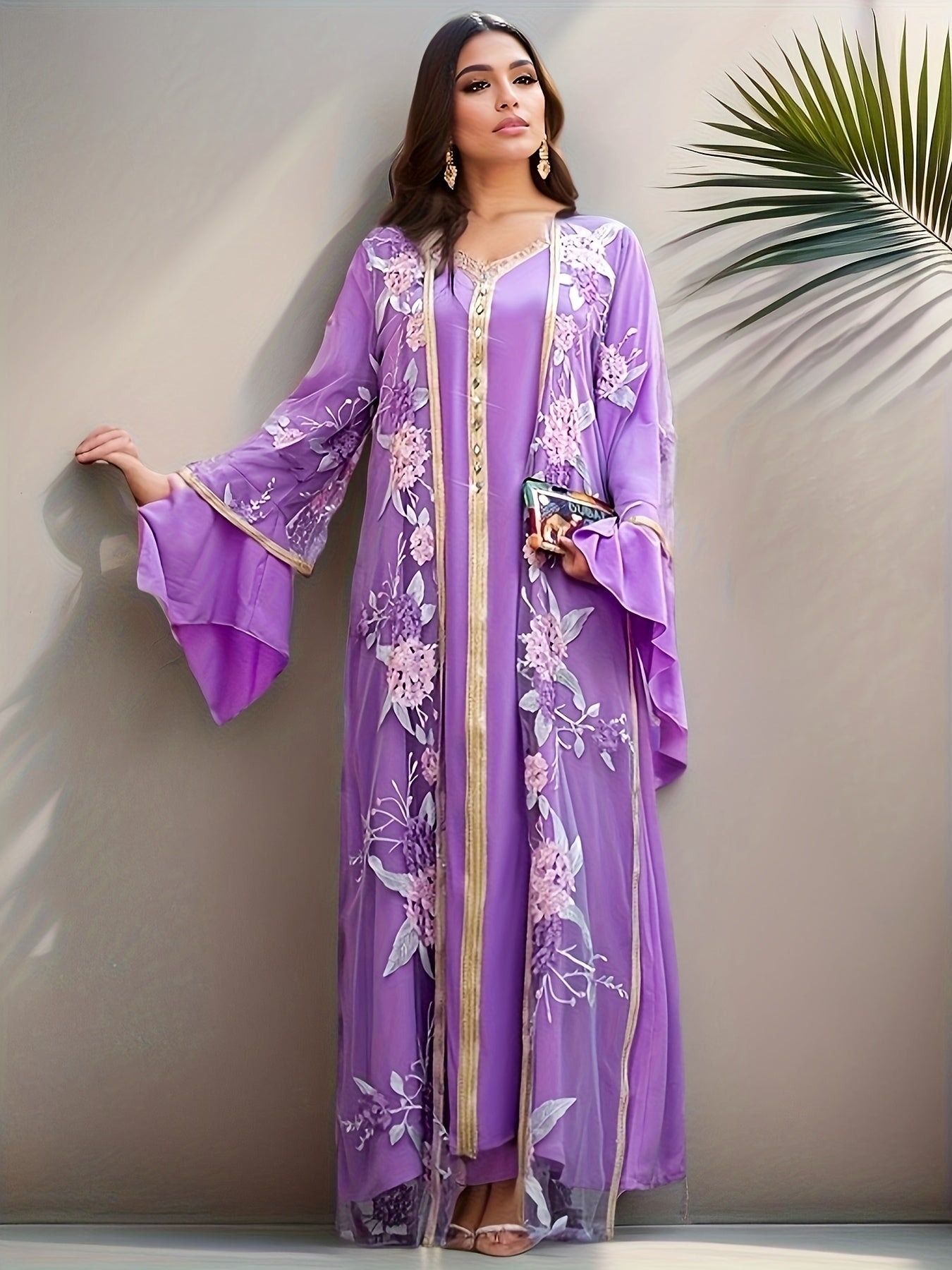 Women's Lace Overlay Two-Piece Set Casual Fashion Middle Eastern Abaya Dress