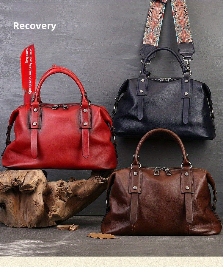 Women's Genuine Leather Crossbody Bag - Adjustable Wide Strap, Large Capacity Vintage Tote & Shoulder Bag