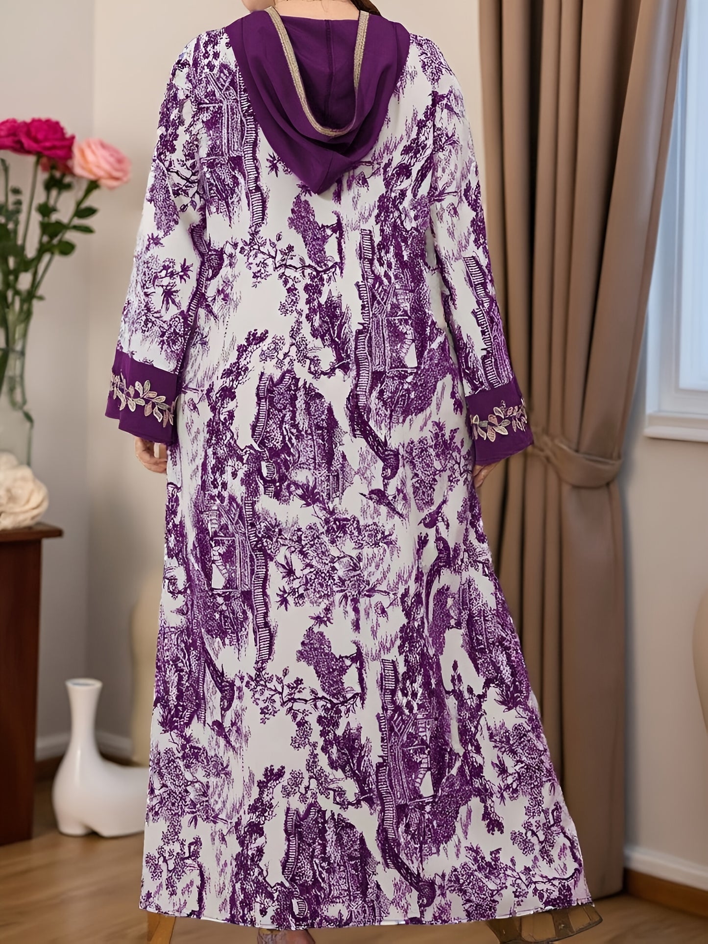 Plus Size, 2025 new landscape print decoration three-dimensional lace Middle Eastern hooded long loose large size Palestinian Abaya