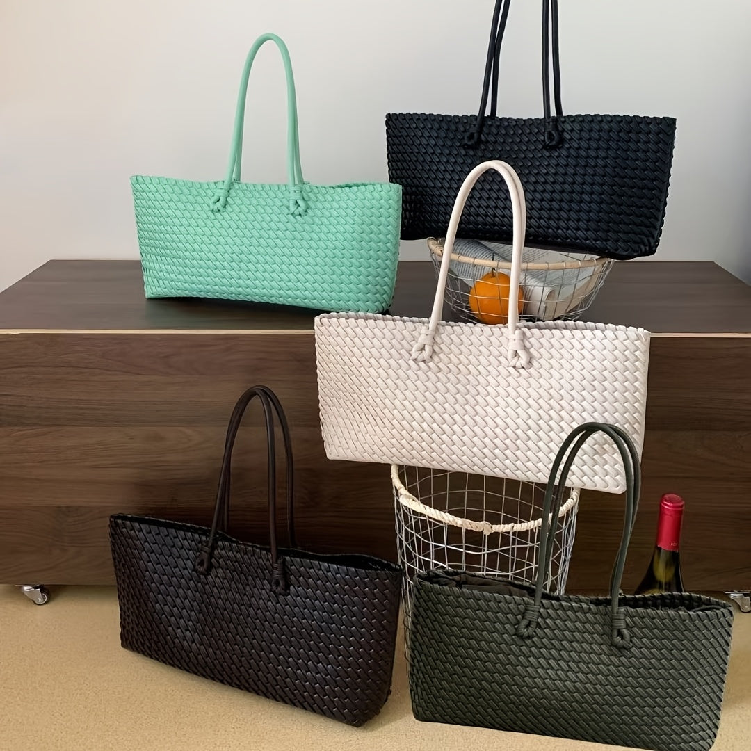 Women's Dual-Sided Woven Large-Capacity Tote Bag - Vegetable Basket Design Handbag with Top Handles & Detachable Shoulder Strap