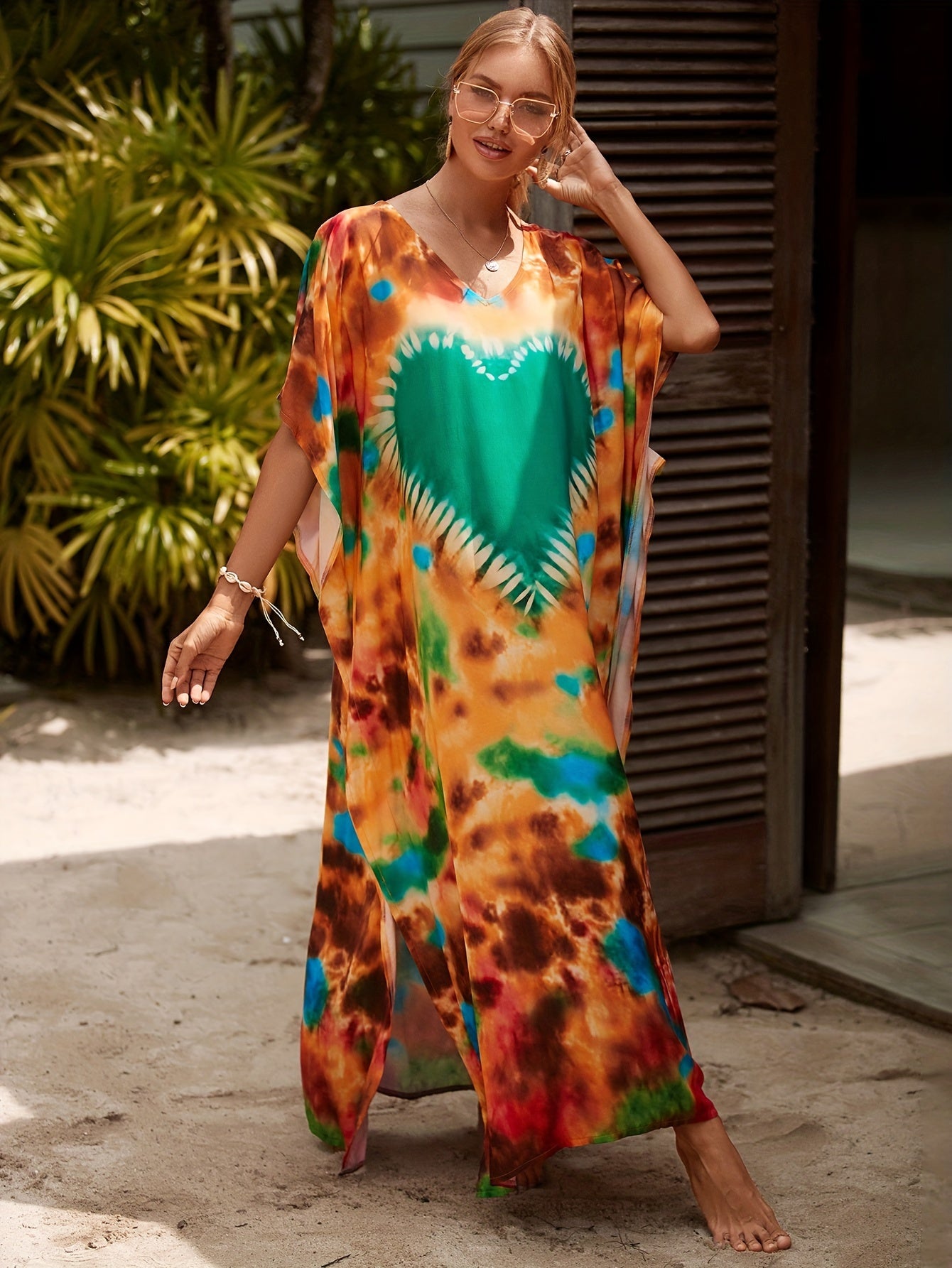 Women's Boho Maxi Kaftan Dress, V-Neck Long Dress Swimsuit Cover-Up, Casual Plus-Size Beachwear For Summer Vacation