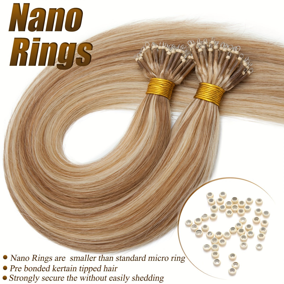 100% Human Hair Extensions - 50 Strands Nano Rings, Thick, Smooth, Remy Hair