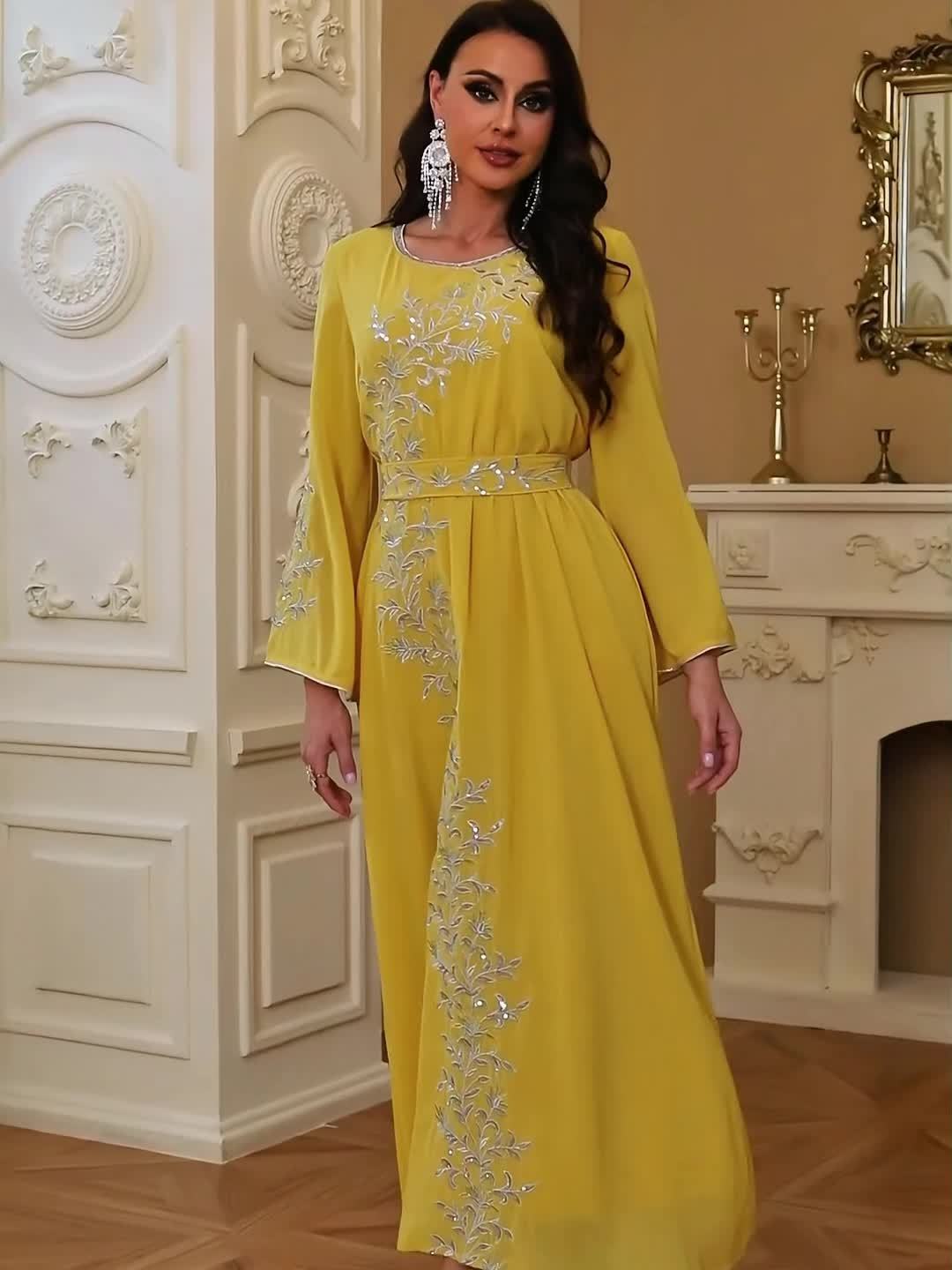 Elegant Embroidered Abaya Dress - Loose Fit, Machine Washable Polyester Modest Kebaya for Women with Belt