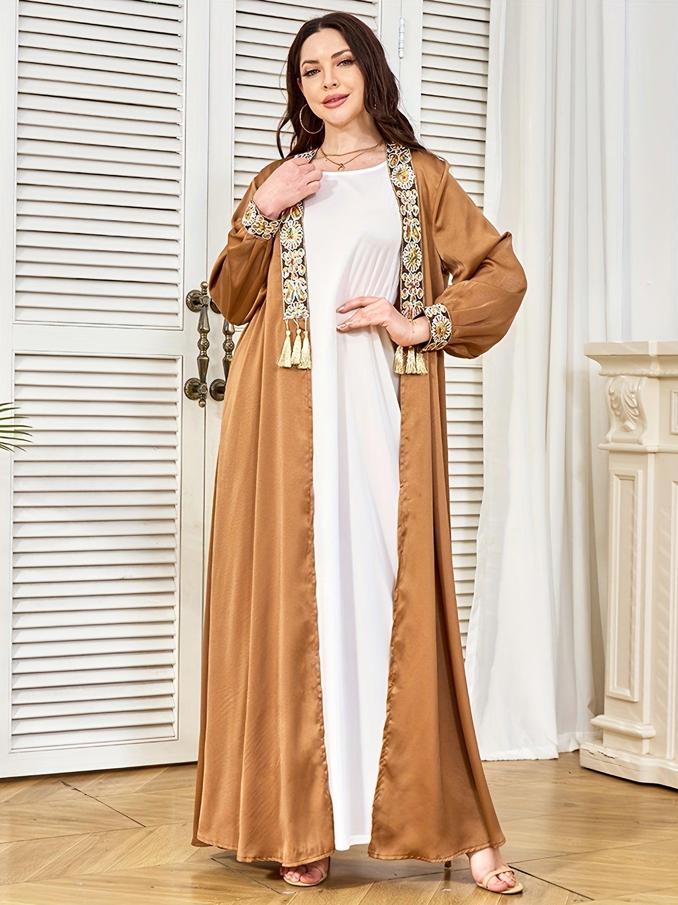 Middle East Dubai New Evening Dress Muslim Women's Open Front Tassel Pendant Abaya Two-Piece Set