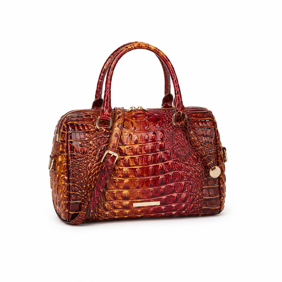 Glossy Crocodile-Embossed Boston Satchel Handbag