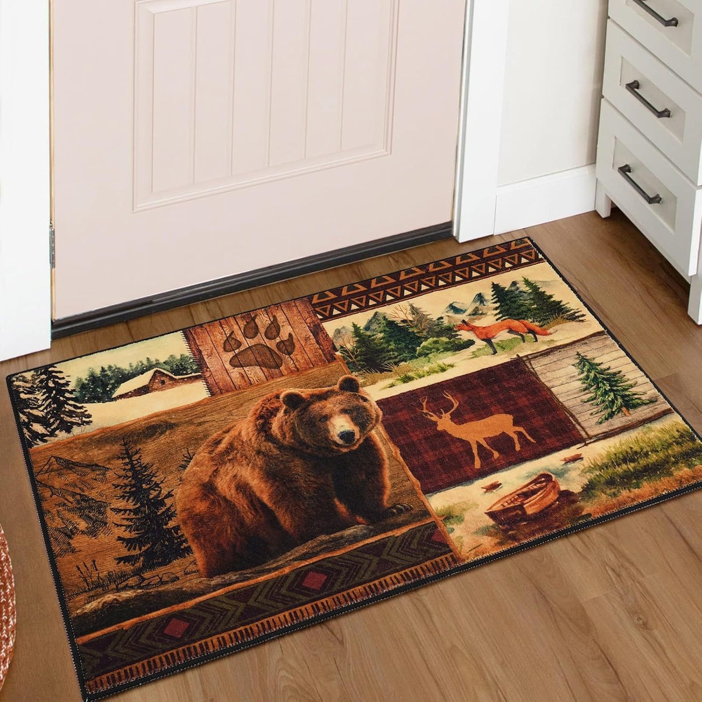small house bear moose throwing carpet, area carpet in farmhouse style, used for living room and bedroom entrances, non slip washable soft brown floor carpet, retro rural wildlife home decoration area carpet
