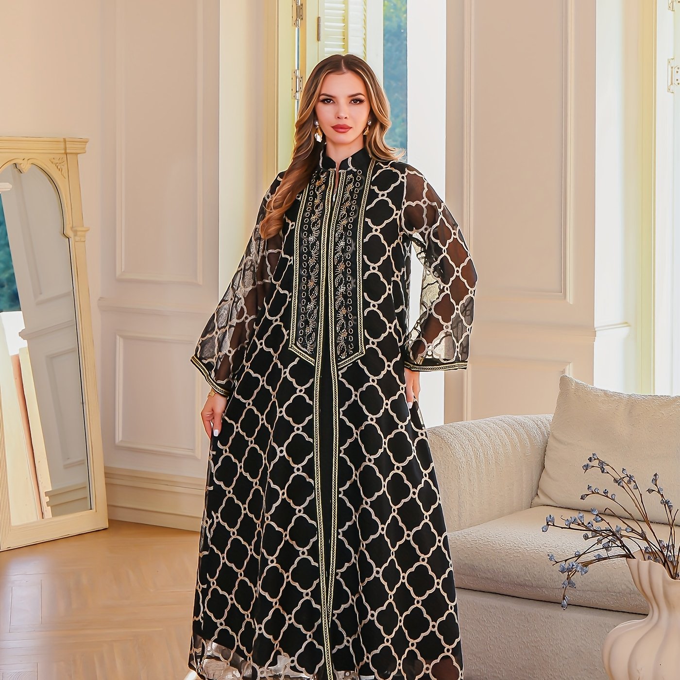 Elegant Black & White Geometric Sequin Embroidered Abaya - Long Sleeve Maxi Dress with Belt, Middle East Dubai Style Evening Gown for Women, Handmade Luxury Robe for Formal Occasions