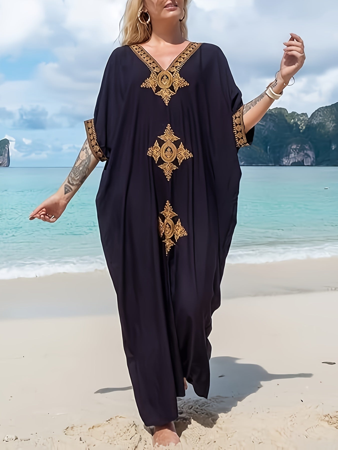 Gold Embroidery Long Kaftan Dresses V Neck Caftan Dress Beach Cover Ups