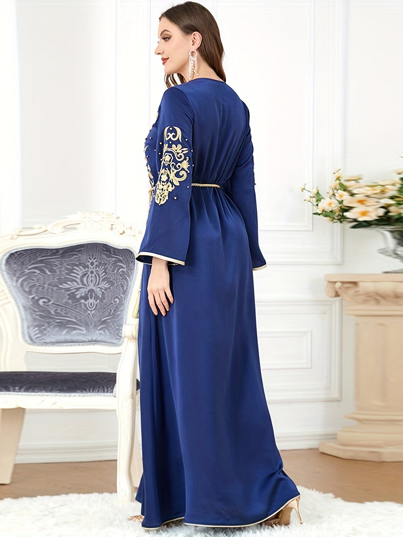 Plants Print V-neck Slit Kaftan Abaya, Long Sleeve Dress, Women's Clothing