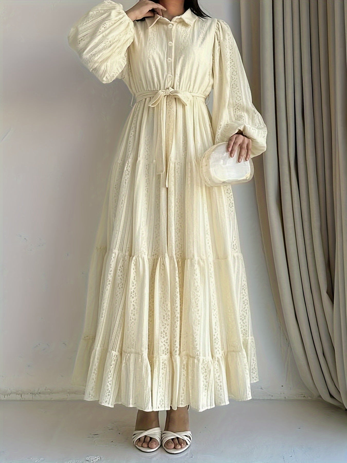 Elegant Women's Palestinian Abaya Dress | Long Sleeve, Floor-Length, Machine Washable, Modest Traditional Robe with Lace Overlay - Casual & Formal Wear, Allseason Outfit