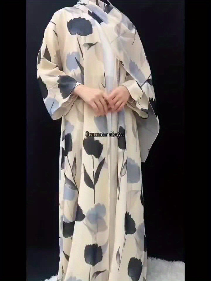 Elegant Floral Print Abaya Set - Lightweight, Open Front Long Robe with Matching Garment, Polyester, Non-Stretch Fabric, Perfect for Summer, Middle Eastern Fashion