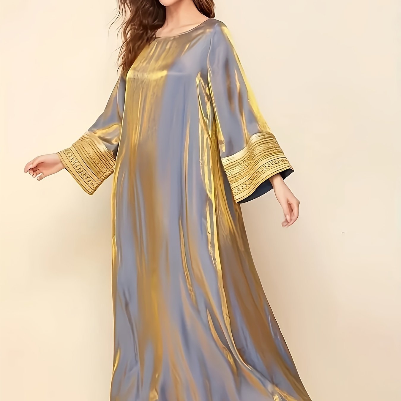 Elegant Long-Sleeve Baju Abaya | Golden Lace Accents, Reflective, Loose Fit, Round Neck, Perfect for Spring/Fall, Women's Fashion, Fall Fashion