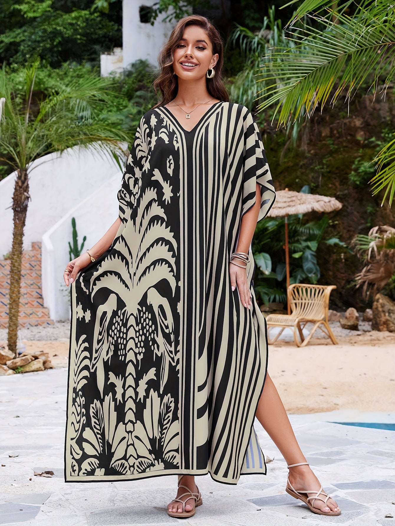 Women's Bohemian Striped Print V-Neck Kaftan Dress - Batwing Sleeve Beach Cover-Up, Maxi Length, Black & Cream Tropical Leaf Design, Lightweight Polyester, Perfect for Vacation, Home, or Casual Outings, Resort Wear | Batwing