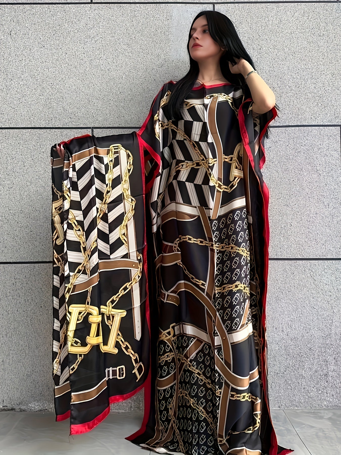 Chain Print Boat Neck Modest Dress, Elegant Batwing Sleeve Loose Maxi Dress With kaftan Abaya, Women's Clothing