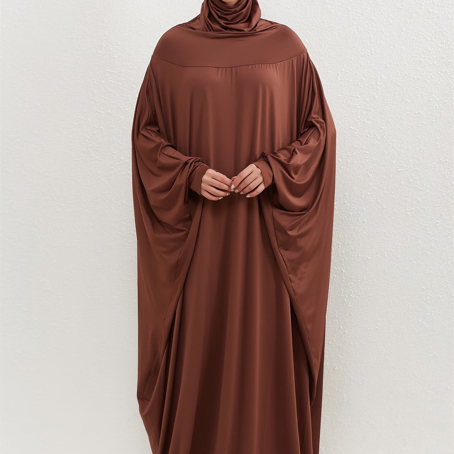 Ramadan Solid Hooded Kaftan, Elegant Batwing Sleeve Arabic Abaya, Women's Clothing