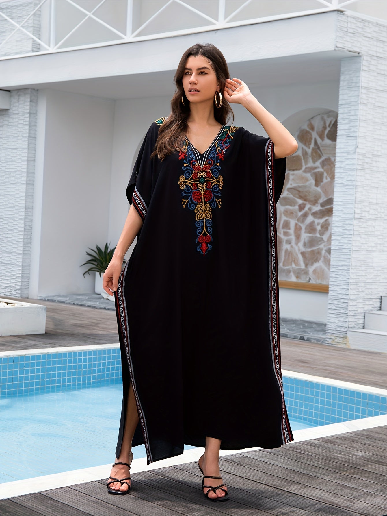 Women's Embroidery Swimsuit Cover Ups Beach Cover Up Kaftan Plus Size V Neck Ethnic Style Batwing Sleeve Kaftan Dress - For Women - Suitable for Beach, Pool, Vacation - Perfect Gift for Summer
