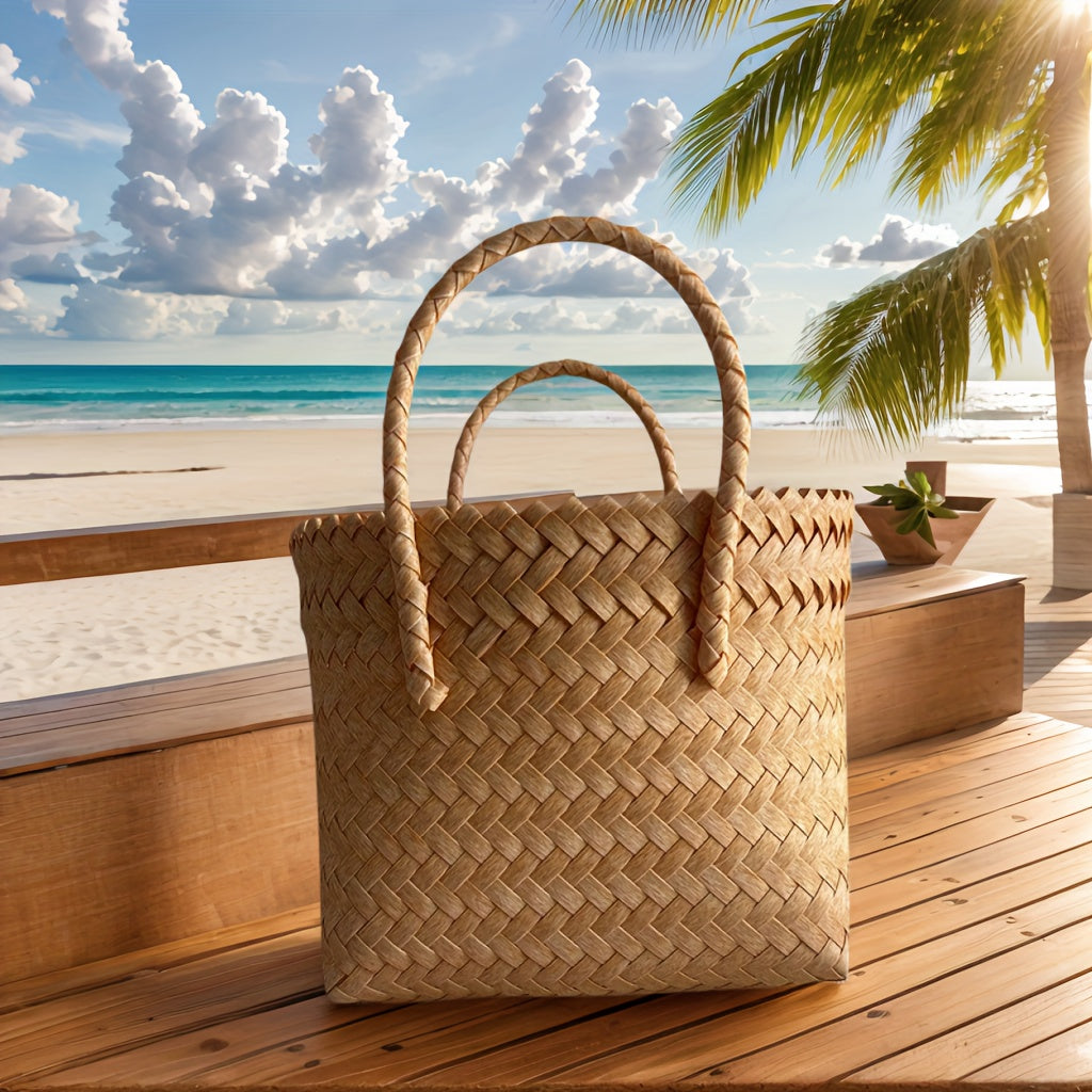One Piece, Hand-Woven Handbag Handheld Versatile Women's Bag, Suitable for Vacation, Imitation Rattan Design, Tote Bag Style