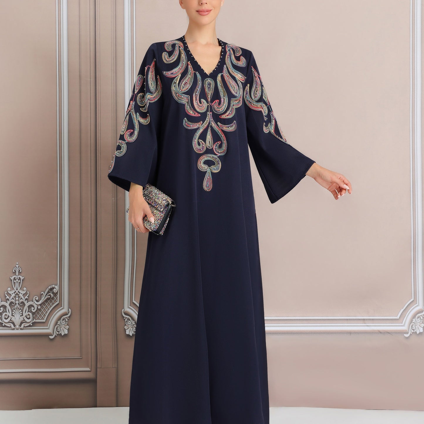 Women's Elegant Embroidered Kaftan Abaya, Long Sleeve Polyester 100% Regular Fit, Solid Color with Pearl Details, All Season Versatile Dress, No Belt, Woven Fabric
