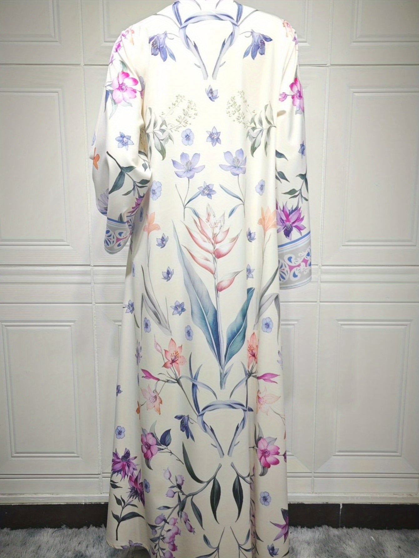 Elegant Open Abaya & Matching Headscarf Set - Floral Print, Long Sleeve, Loose Fit for Women - Ideal for Spring/Summer Outfits, Versatile Long Abaya|Floral Print Abaya|Traditional Abaya