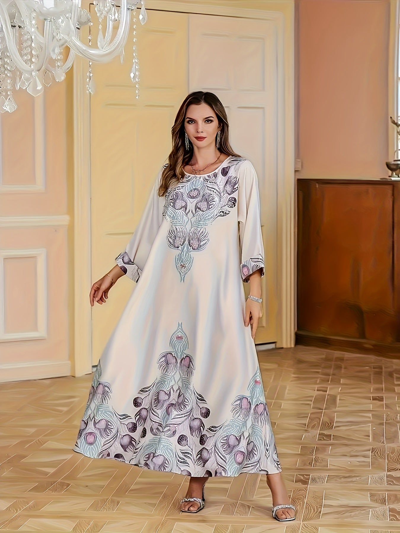 Print Maxi Kaftan Dress - Women’s Luxury Abaya with Rhinestone Details, Loose Fit, Geometric Pattern, Polyester Fabric, Perfect for All Seasons, Formal Modest Wear | Floral Print Maxi Kaftan
