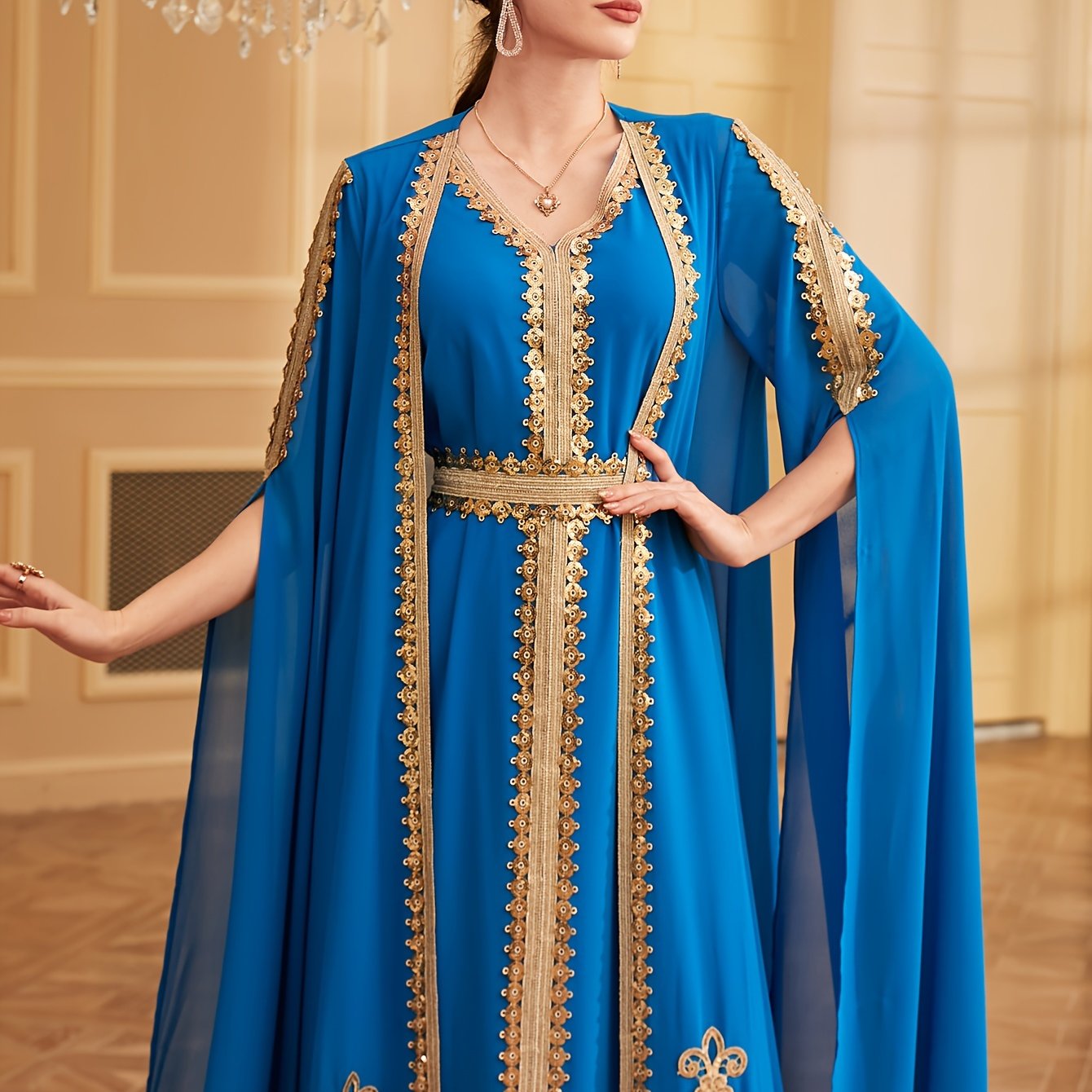 Two-piece Set: Fashion Embroidered Vest with Waist Cincher and Long Skirt + Cardigan with Sequins and Split Long Sleeves Abaya Gown Dress