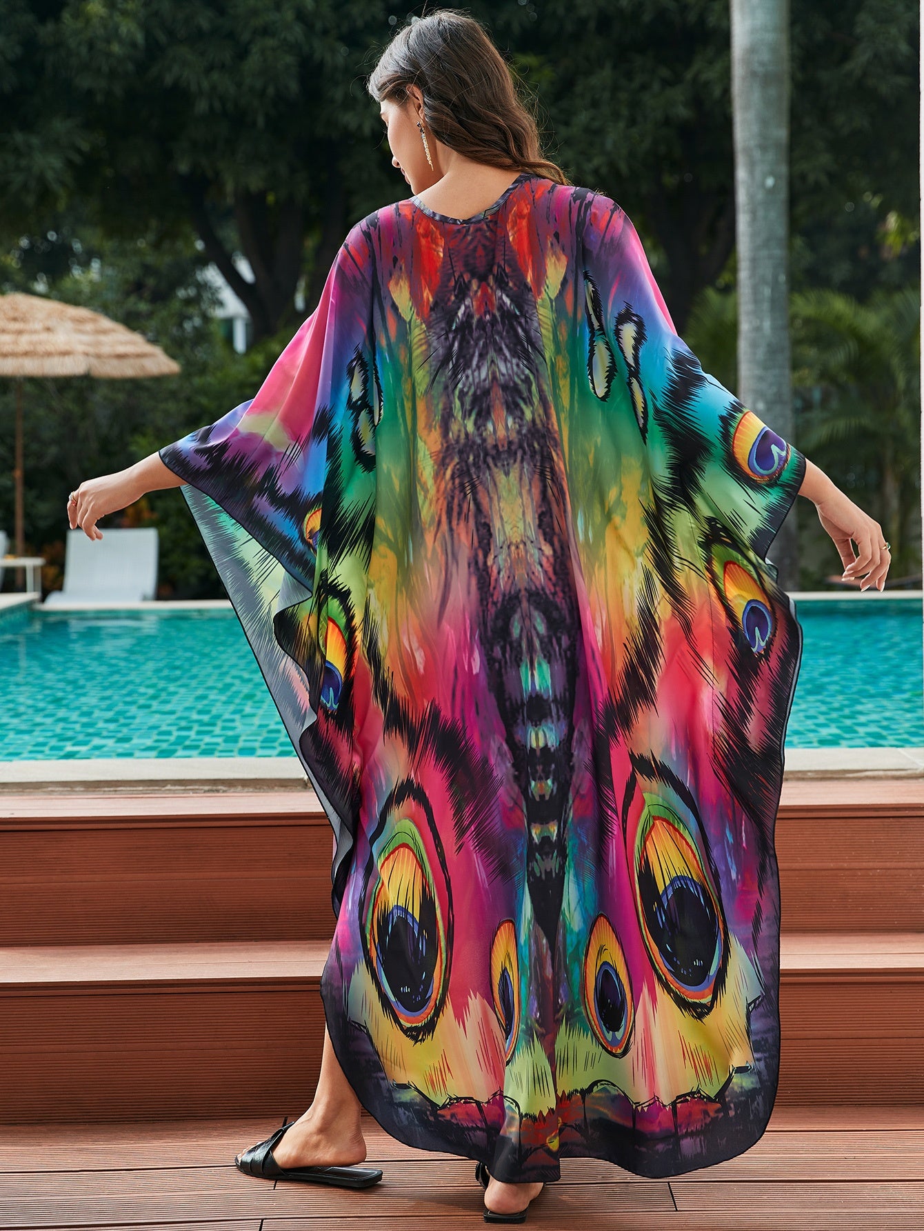 Plus Size Women's Abaya Dress - Vibrant Butterfly Print V-Neck Long Sleeve Bathing Suit Cover-Up, Elegant Casual Party Wear with Split Hem, No Belt, Non-Stretch Fabric, Plus Size Dress