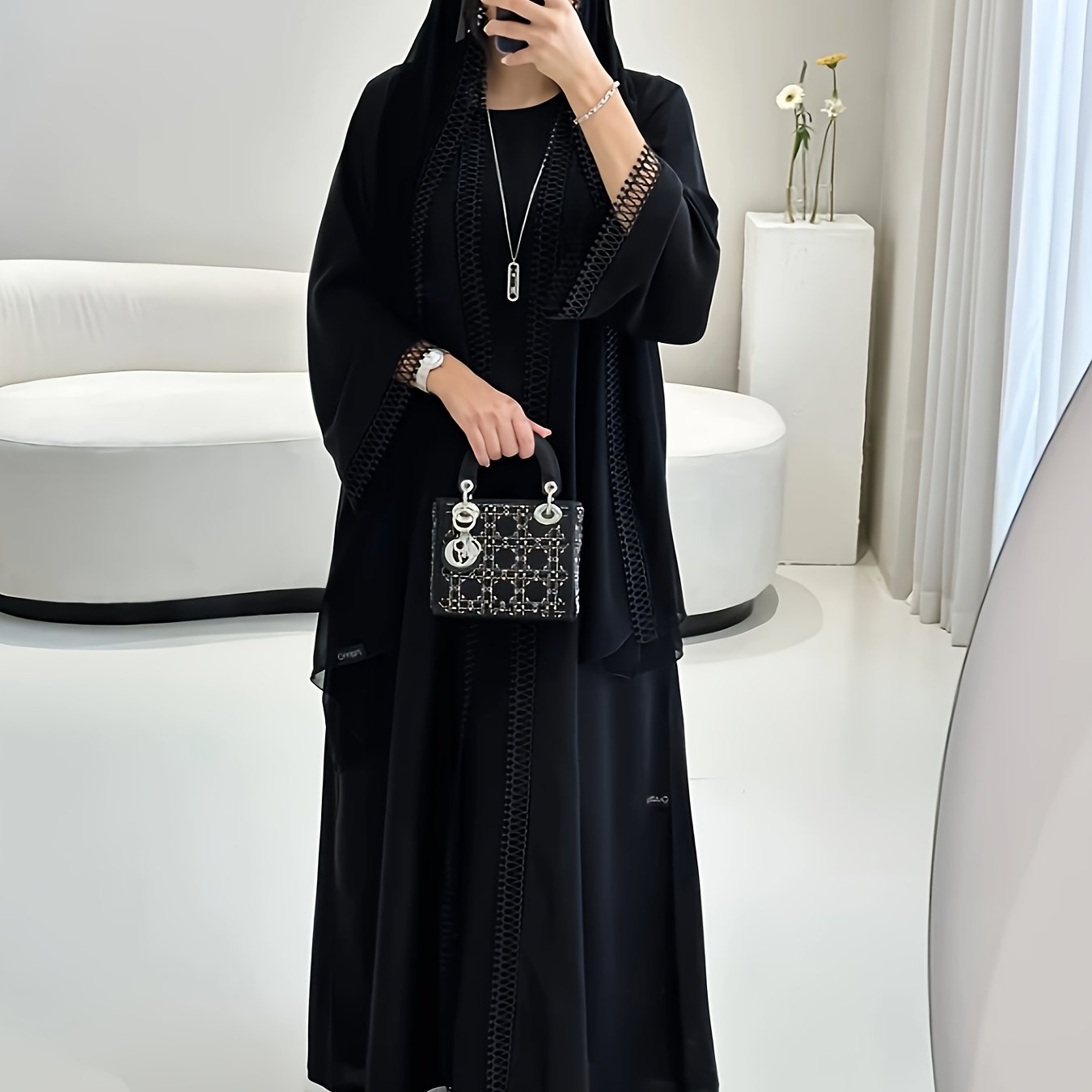 Women's Lightweight Breathable Black Abaya - Open Front Long Tunic with Golden-Tone Button Details, Casual Middle Eastern Dress for All Seasons, No Headscarf or Underwear Included