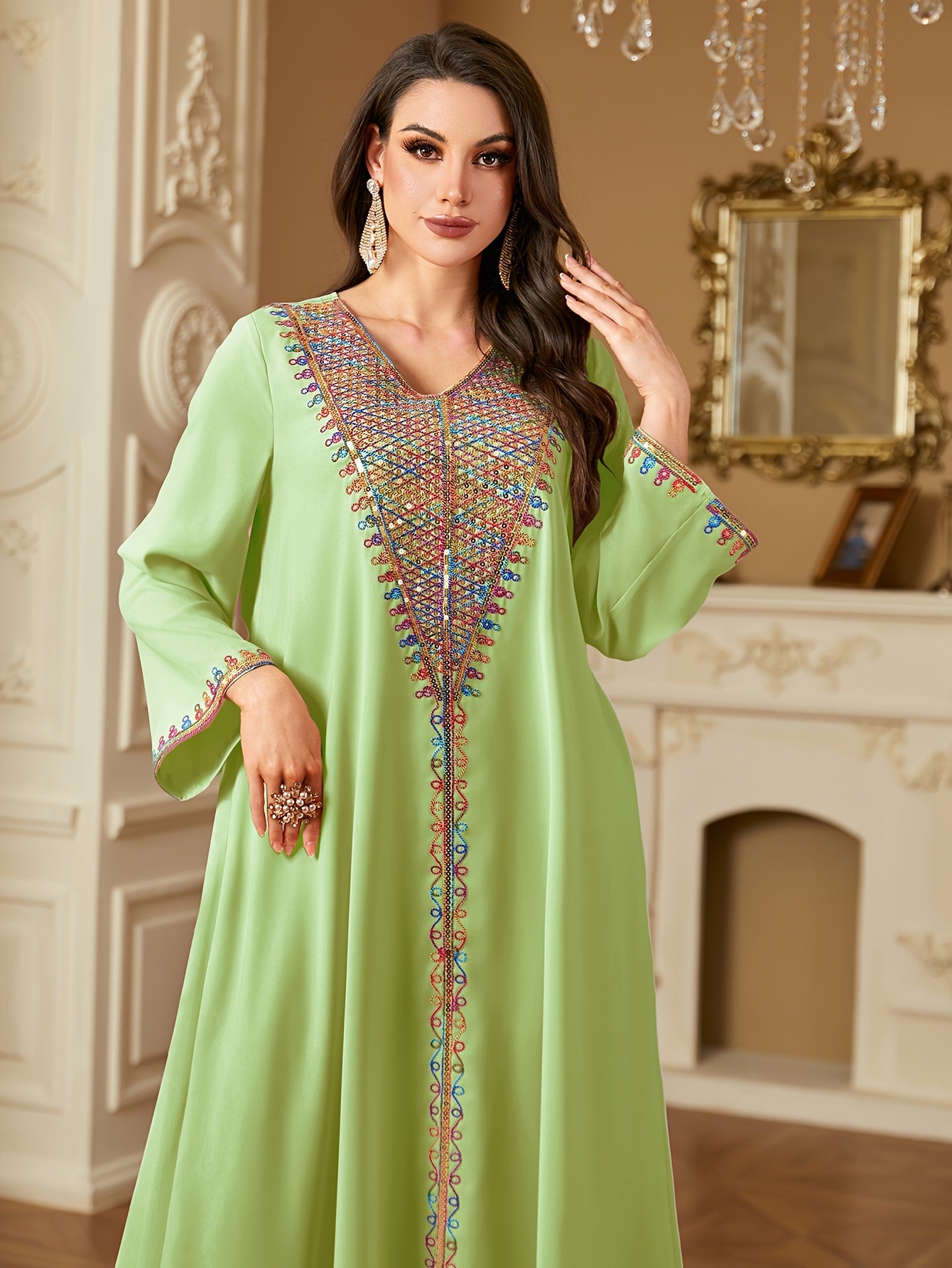 Elegant V-Neck Long Sleeve Kaftan Abaya with Sequin Detail - Polyester, Non-Stretch, Regular Fit for All Seasons