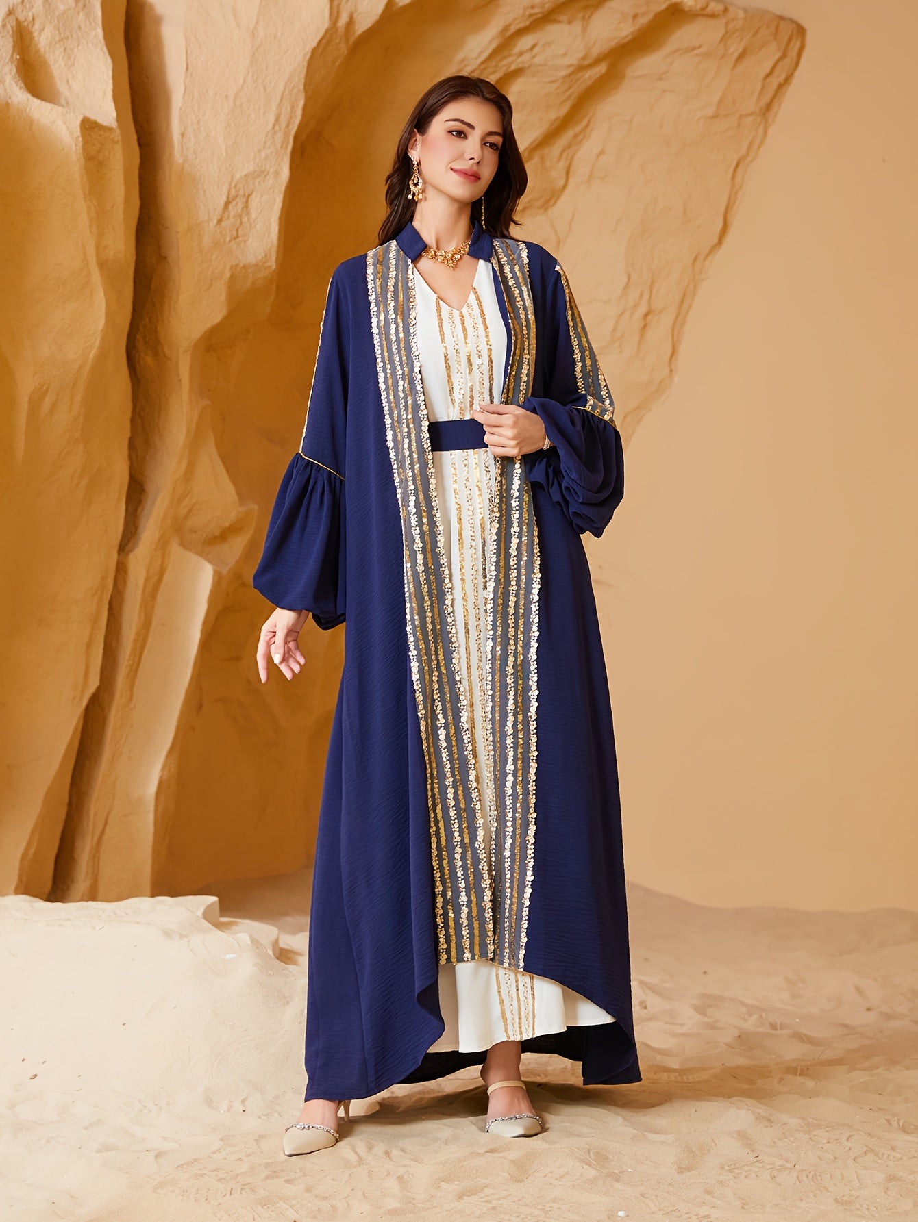 Elegant Blue & Golden Sequin Modern Abaya for Women - Long Sleeve, Lantern Sleeves, Belted Waist, Geometric Pattern, Loose Fit, Perfect for Spring/Summer/Fall Celebrations