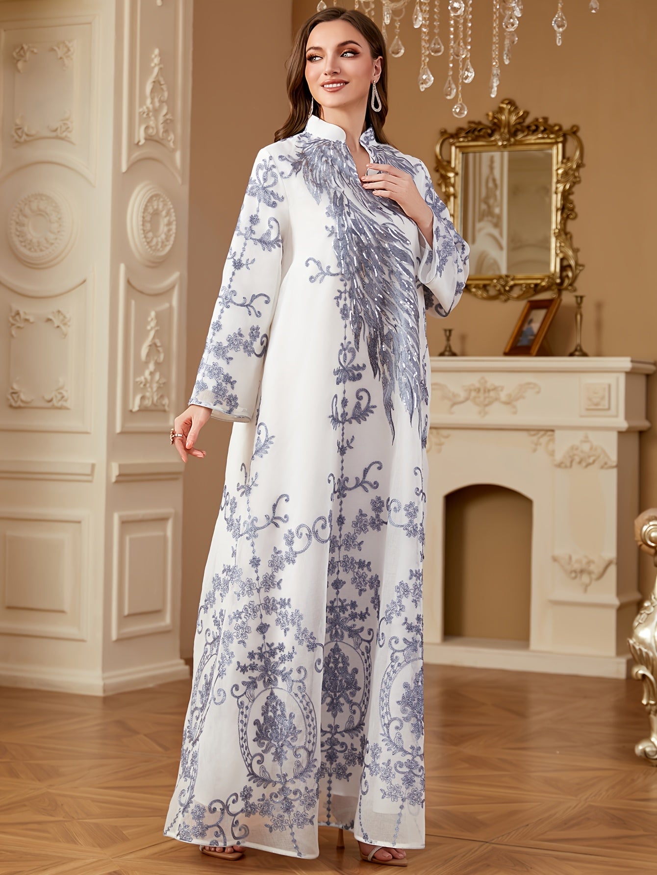 Elegant Blue & White Floral Embroidered Sequin Long Sleeve Maxi Kaftan Abaya - Stand Collar, Polyester, Machine Washable, All-Season Wear for Women