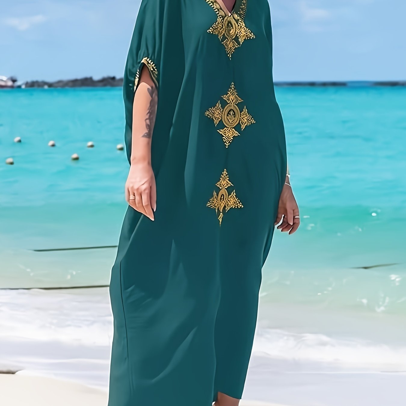 Gold Embroidery Long Kaftan Dresses V Neck Caftan Dress Beach Cover Ups
