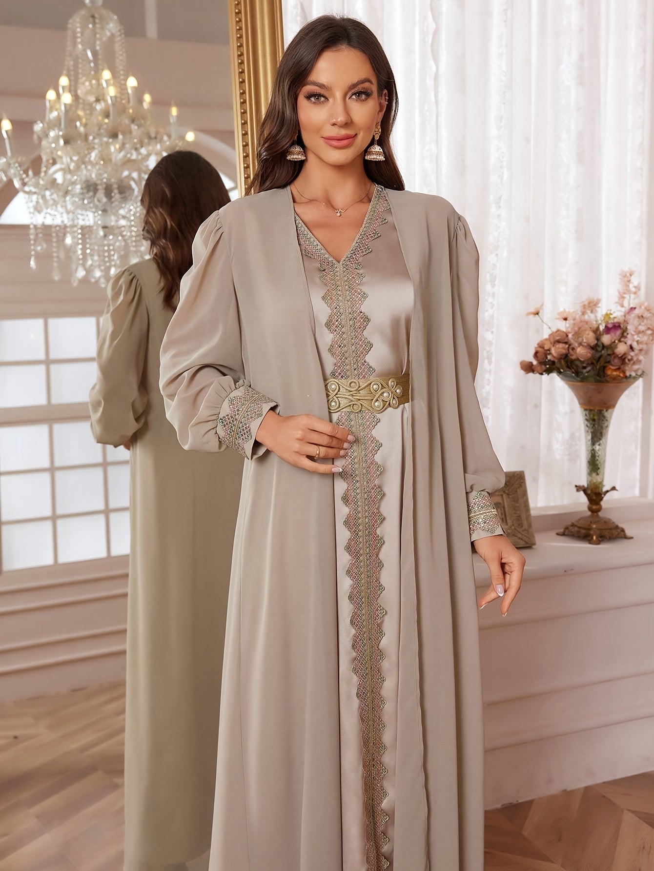 Women V-Neck Sleeveless Lace Elegant slit Abaya Dress with Detachable Belt And Arab Style Outer Long Sleeve Two-Piece Set
