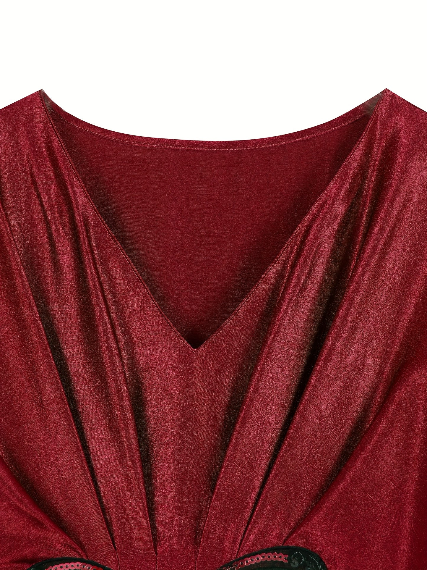 Elegant Red V-Neck Turkish Kaftan Dress with Butterfly Sequin Embroidery & Ruched Hem - Long Sleeve Loose Fit Middle Eastern Abaya for Women, Summer Coverup