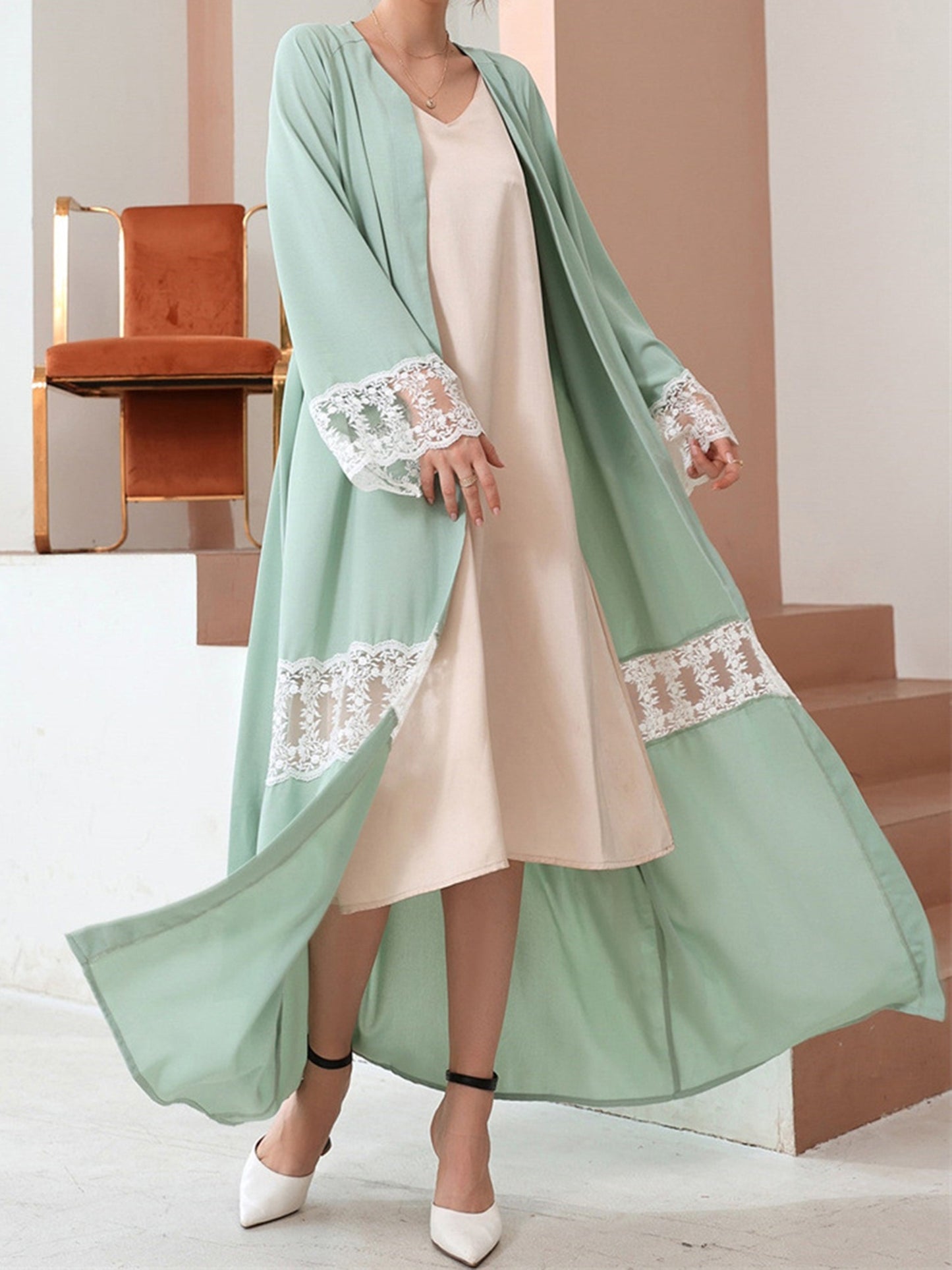 Women Open Palestinian Abaya Elegant Lace Patchwork V-Neck Long Sleeves Islamic Prayer Dresses Robe with Belt Casual Arabic Dresses