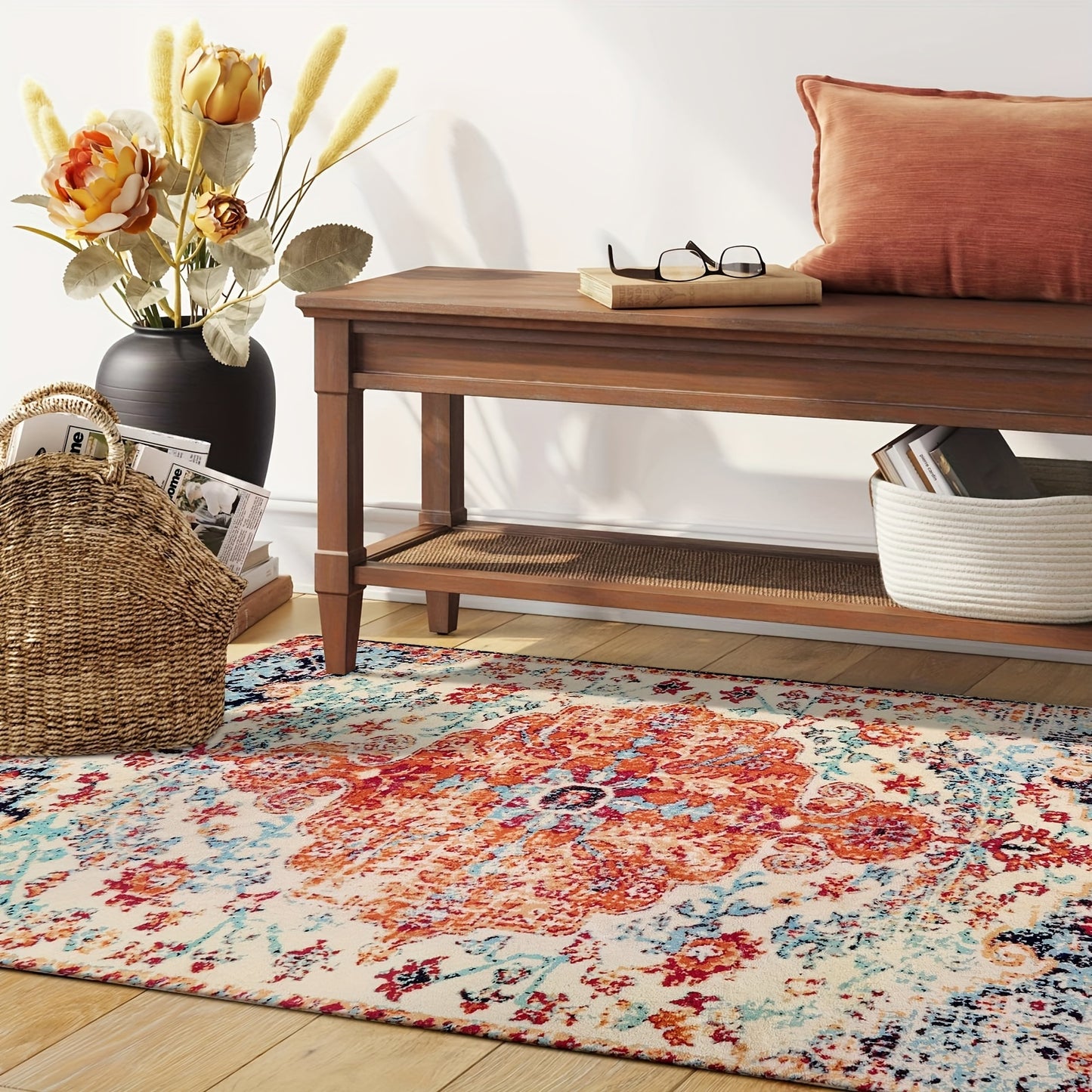 Bohemian Floral Medallion Area Rug - Oriental Distressed Bedroom Carpet Country Vintage Faux Wool Indoor Throw Mat Non-Slip Washable Low-Pile Carpet For Bathroom Living Kitchen Laundry Room