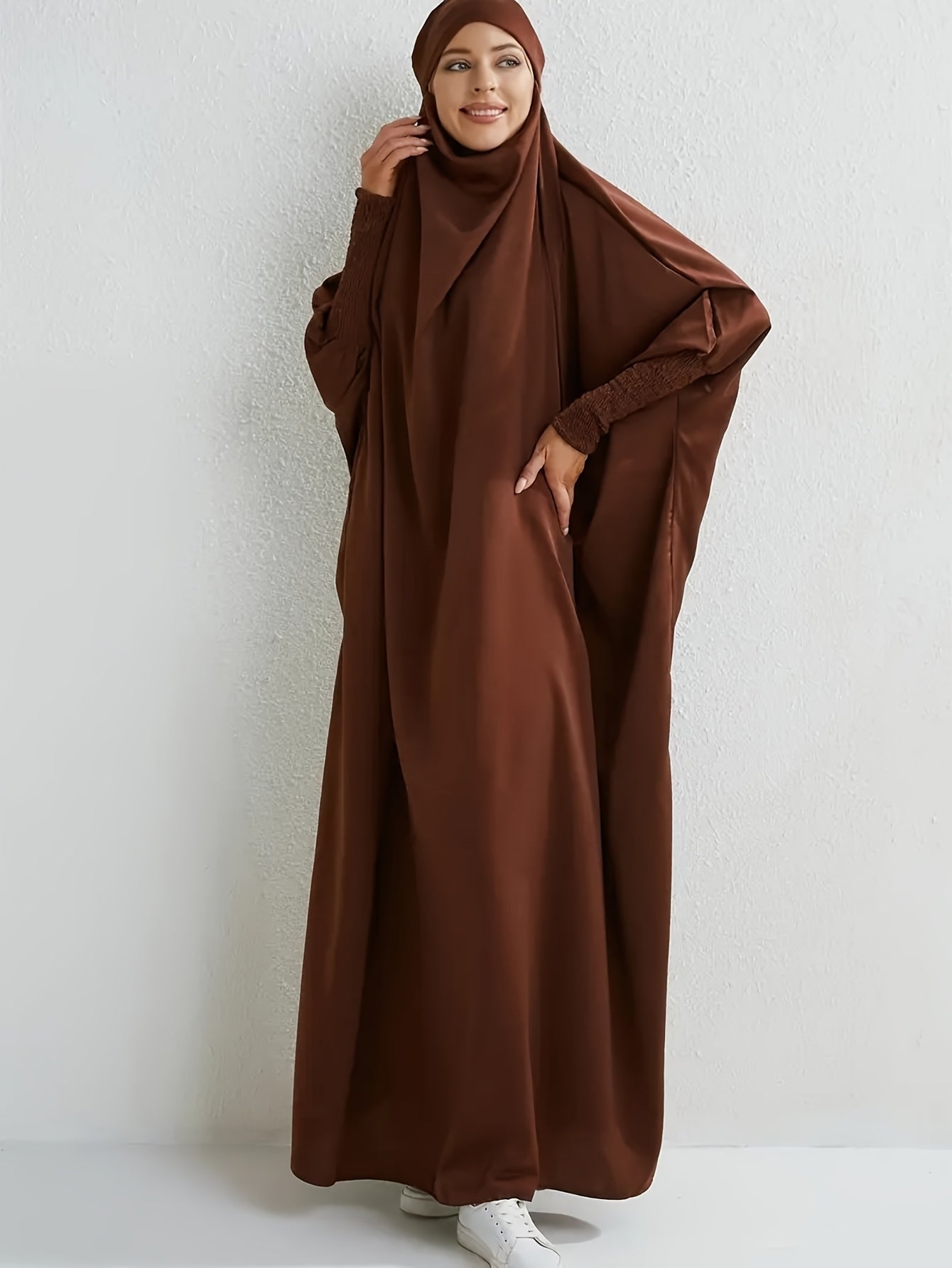 Women's Long Sleeve Abaya Dress - Loose Fit Solid Blue Kraft Style with Frill Hem