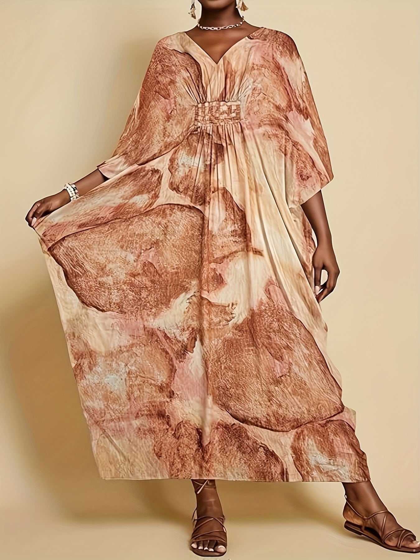 Plus Size - Plus Size Kaftan Dresses For Women V Neck Swimsuit Coverup Floral Print Kaftan Maxi Beach Dress Brown