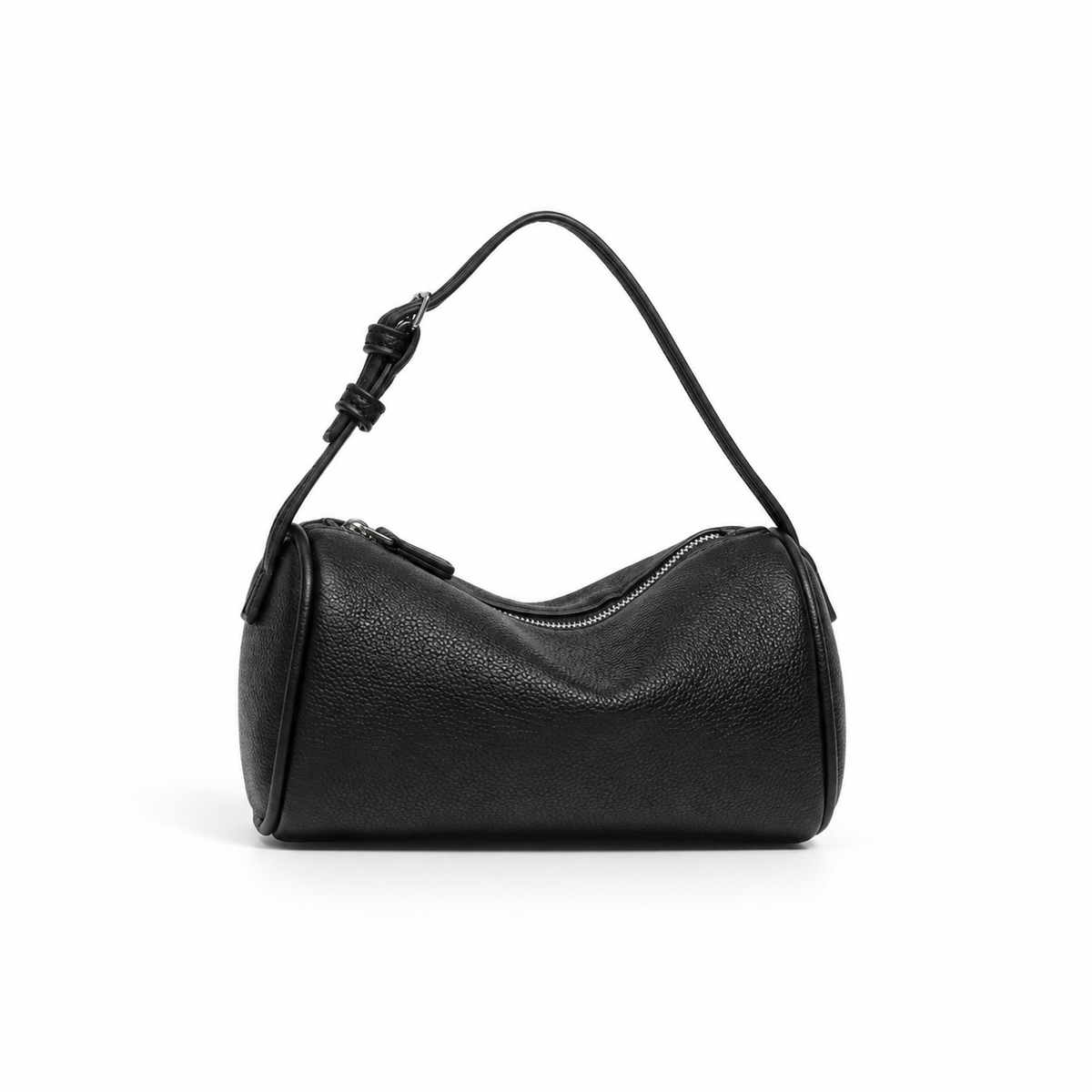 Black Pebbled Leather Barrel Shoulder Bag