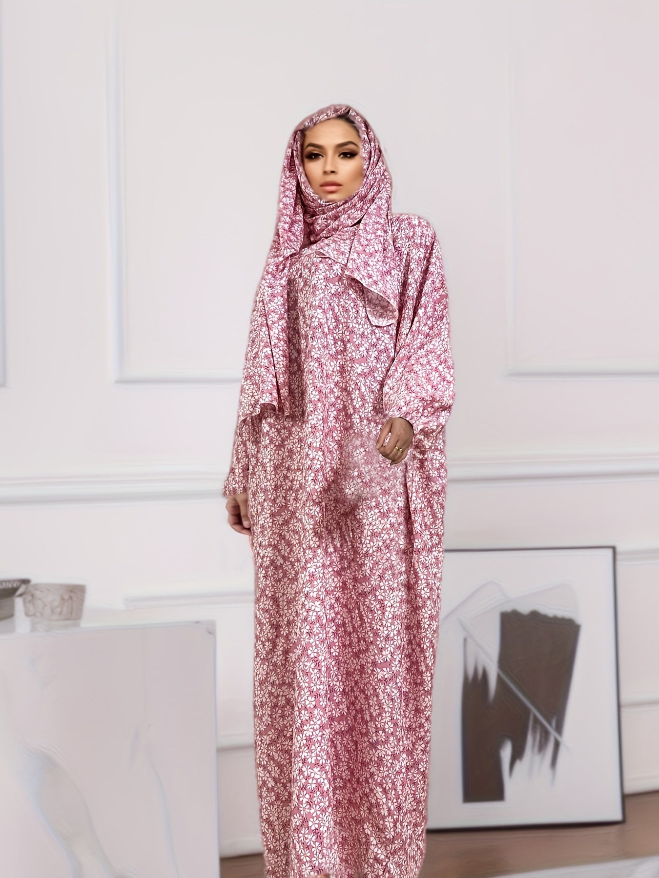 Elegant Floral Print Women's Prayer Modest Dress with Hijab Scarf - Long Sleeve Jibab Abaya, Maxi Length, Rayon Material, Pink & White Patterned Design, All-Season Wear, Religious Attire | Middle Eastern Fashion | Smooth Texture