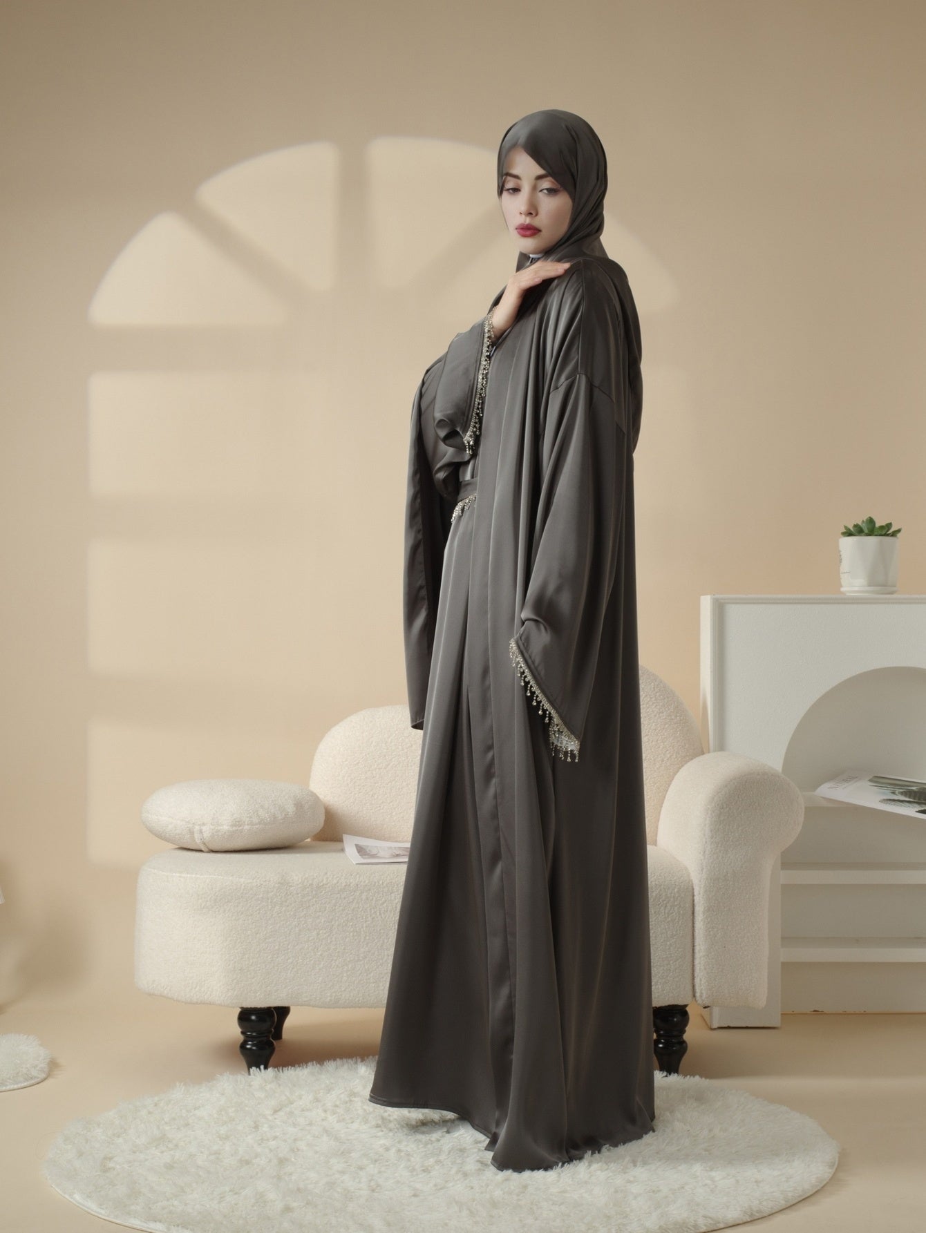 4pcs Satin Diamond Tassel Emirati Abaya Set Eid Al Adha, Abaya Muslim Women's Ramadan Iftar Eid Al Adha Iftar Holy Commemoration Prayer Garment Long Robe Gown Global Spring Summer