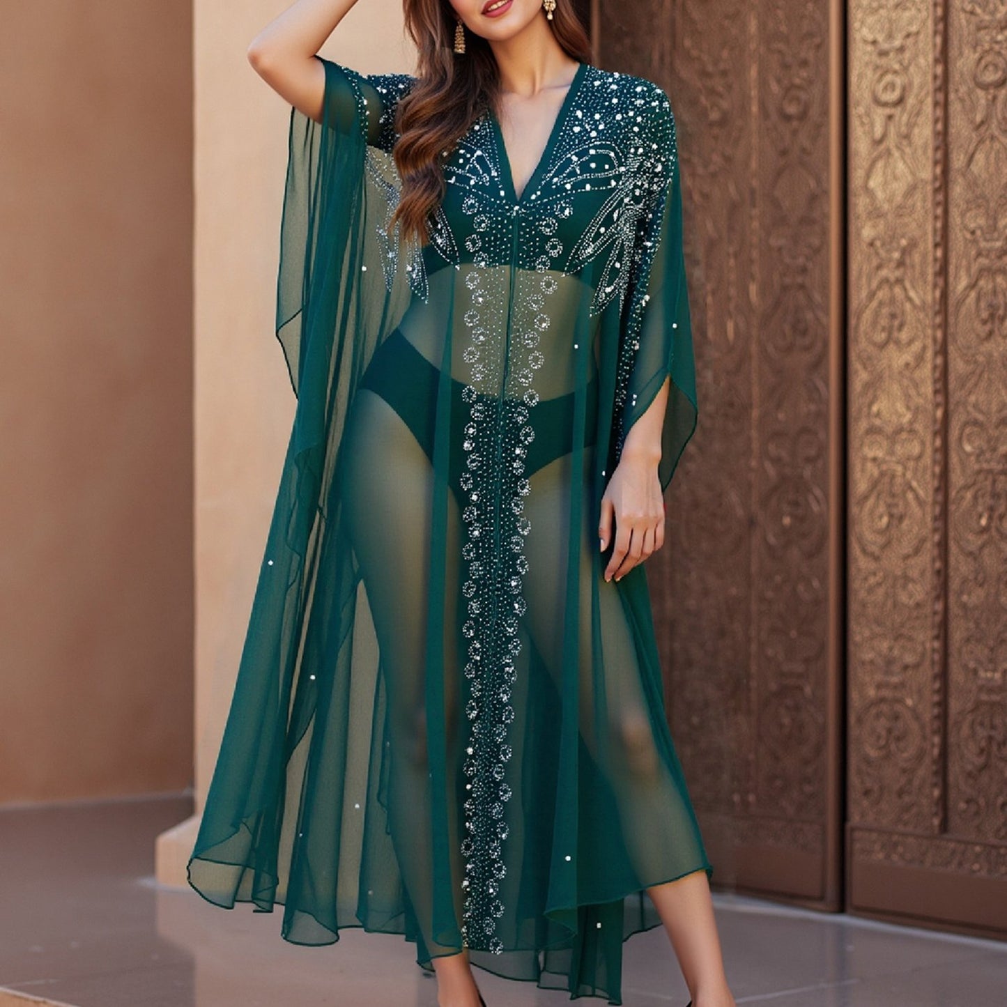 Women's Elegant Long Kaftan Dress - Formal Party & gala evening gown with Batwing Sleeves Abaya, Non-Transparent Arab Cape Dress for Weddings, state events - Machine Washable