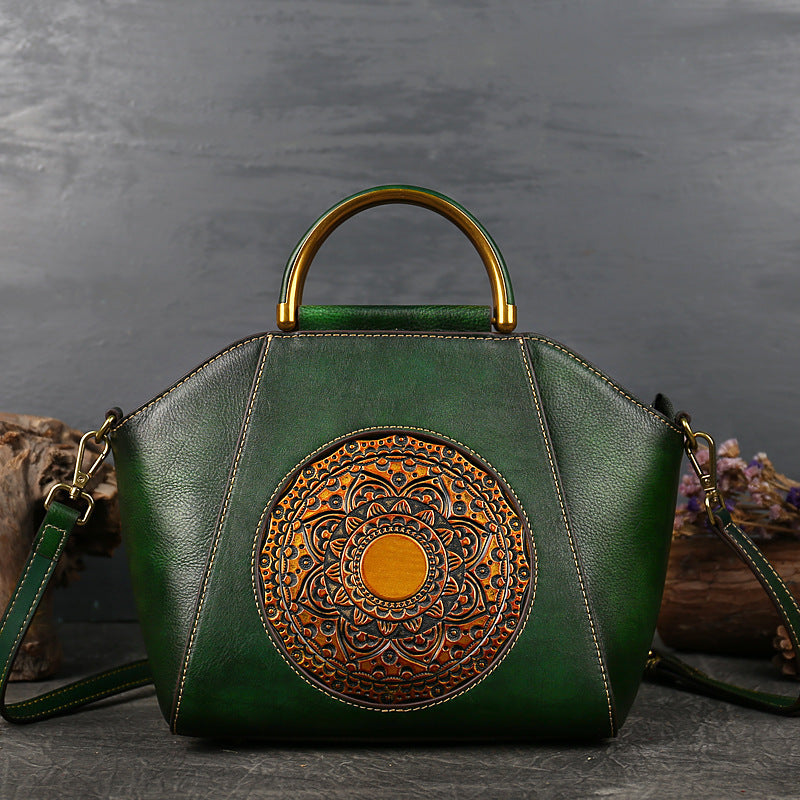 Genuine Leather Women's Handbags, Tote Bags, Large-Capacity Bags, Chinese-Style Crossbody Dumpling Bag, Messenger Bag