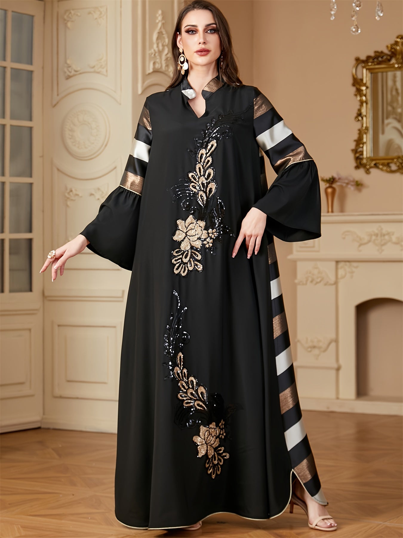 Black & Golden Ramadan Abaya Dress | Loose Fit, 100% Polyester, Long Sleeve, Modern Floral Print, Sequin Patchwork Kebaya for Muslim Women - Modest Eid & Daily Wear
