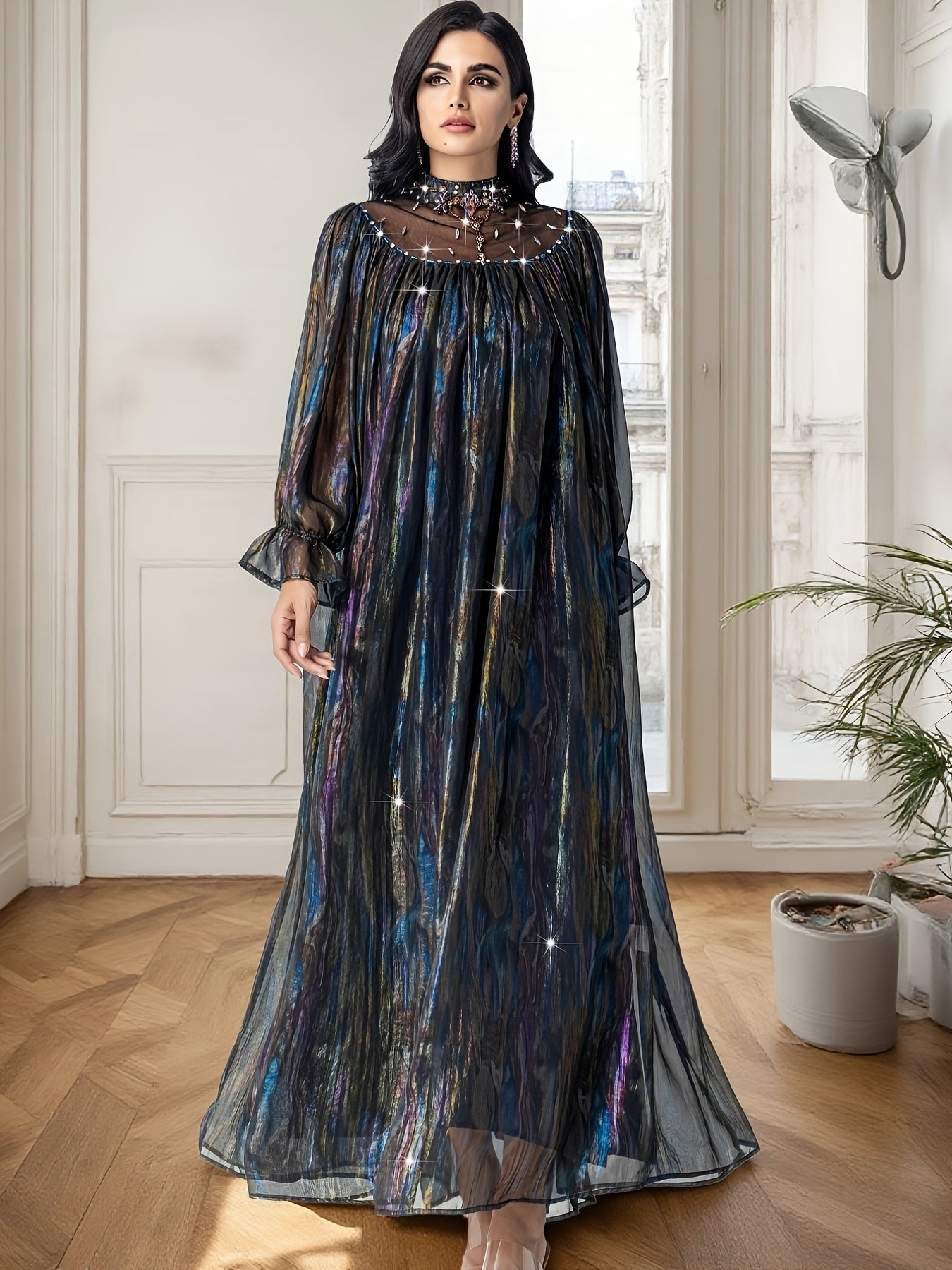 Elegant Rhinestone-Embellished kaftan Abaya Dress with Iridescent Shimmering Fabric, Arabian-Inspired Lantern Sleeves & Long Train - Hand Wash Only Traditional Formal Wear for Weddings